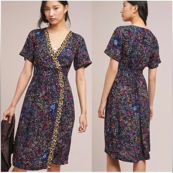 Anthropologie Maeve Morgan Black Floral Leopard Print Button Dress Size 4 - Picture 2 of 10
